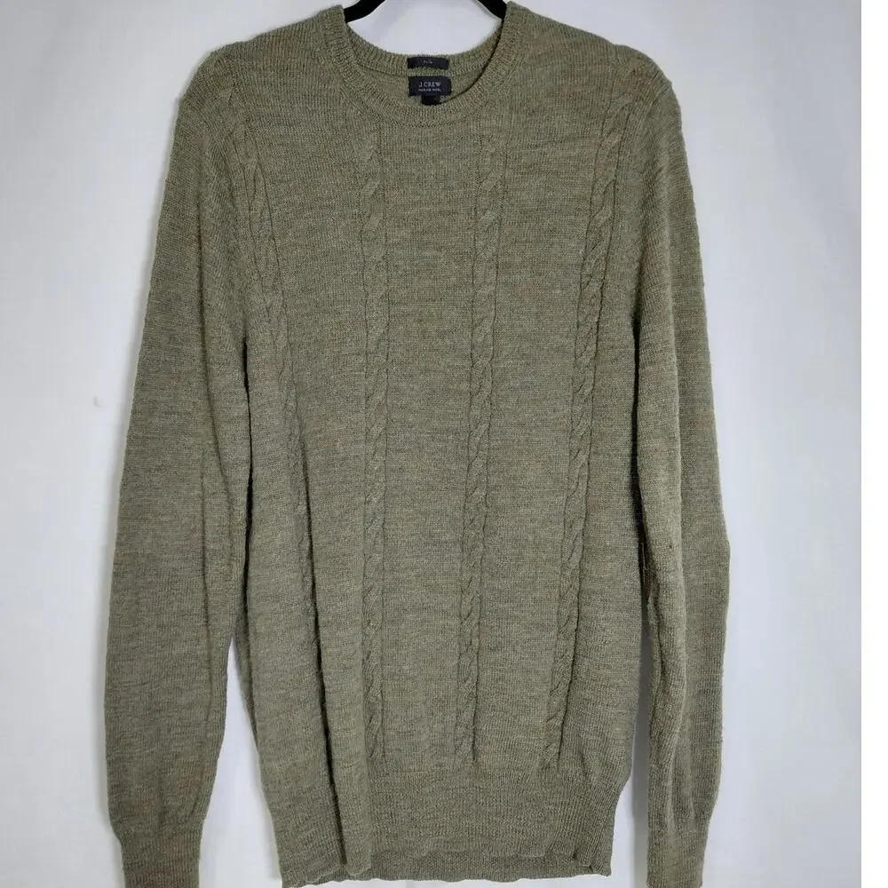 J.Crew Slim Wool Olive Green Cable Knit Crew Neck Sweater Men Size L